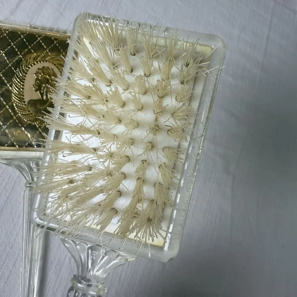 Vintage Vanity Set 2 Pieces Brush Handheld Mirror Lucite or Acrylic w/ Gold Foil